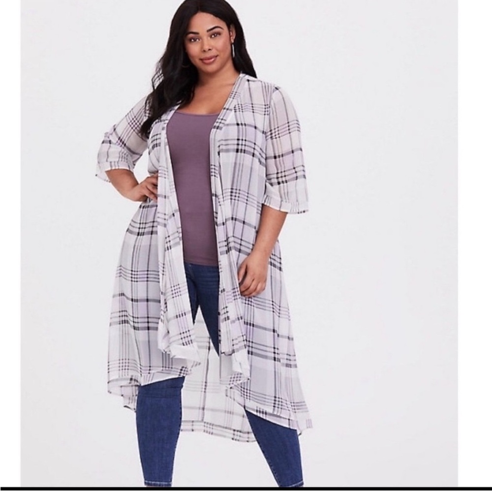Torrid Kimono Duster Length Sheer Plaid 3/4 Longline